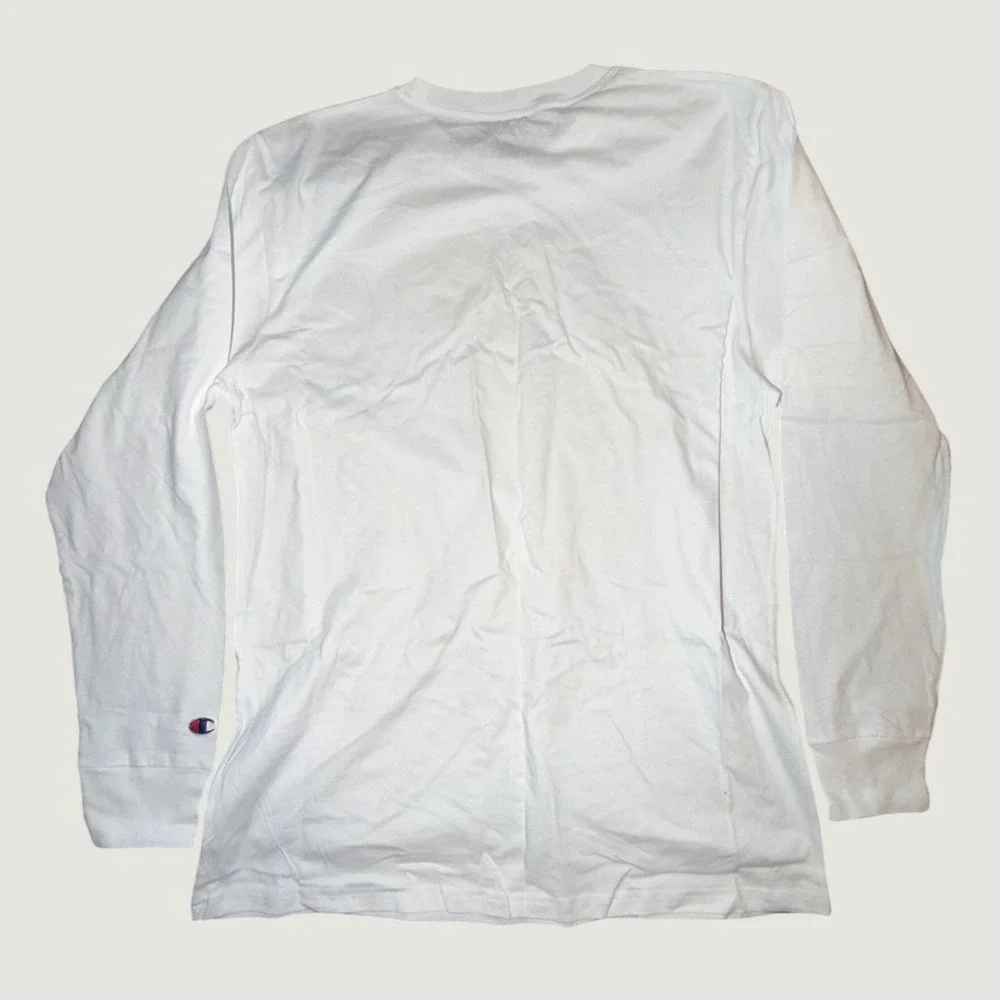 Champion Mens White Long Sleeve Sleep Shirt Vertical Script Logo Large NEW